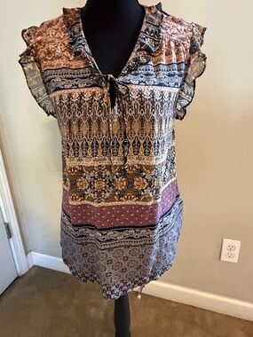 Lucky Brand Mixed Print Ruffle Tie-Front Tunic in Navy, Mauve & Mustard